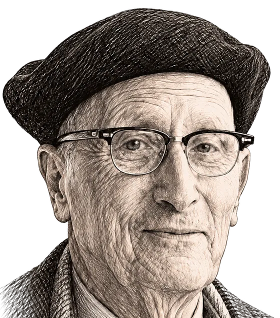 Ink drawing of Jorge Guillén in a beret and glasses